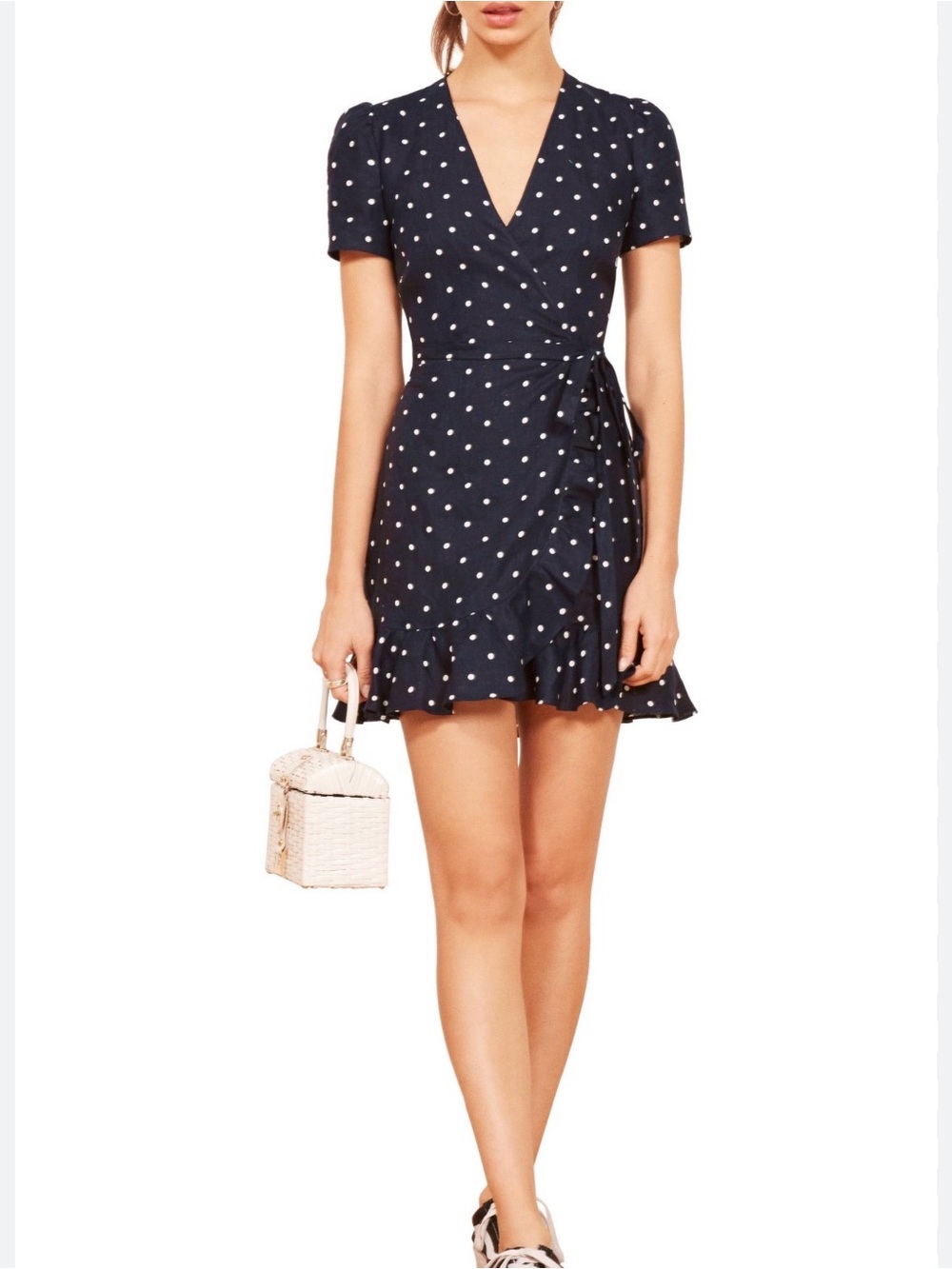 Reformation Sally Dress, Linen Polka Dot Wrap dress